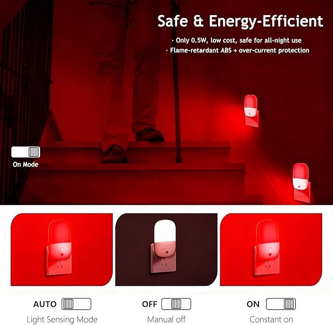 670nm Red Light Night Light for Sleep Therapy, 2 Pack Auto On/Off Dimmable Night Light with Dusk to Dawn Sensor, LED Night Lights Plug into Wall Promote Melatonin Natural Sleep for Baby Kid Adult Room
