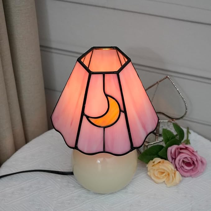 Mushroom Lamp Tiffany Lamp Stained Glass Table Lamp Moon Cute Small Bedside Lamps for Living Room Home Decor,Unique Aesthetic Home Living Room Decor Girls Women Birthday Day Gift,Pink