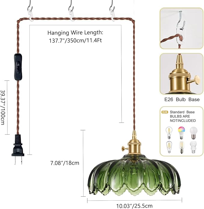 Plug in Pendant Light Fixtures: Hanging Light Plug in Green Glass Hanging Lamp, Pendant Lighting for Kitchen Island, Bedroom, Dining Room, Living Room, E26 No Bulb