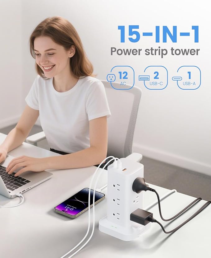 Power Strip Tower with Surge Protector 1800J, Fast Charging PD20W USB-C Ports with 12 AC Outlet Extenders, 10ft Extension Cord for Home Office Dorm Room Essentials, White