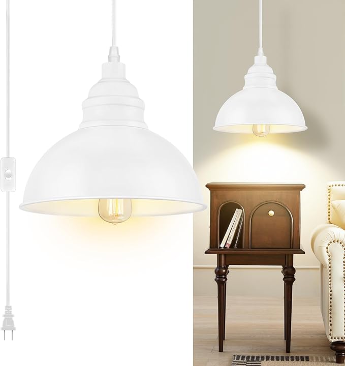 Plug in Pendant Light, 15FT Hanging Lights, On/Off Switch, Industrial Pendant Light with Plug in Cord, Metal Hanging Lamps for Living Room, Kitchen, Dining Room White