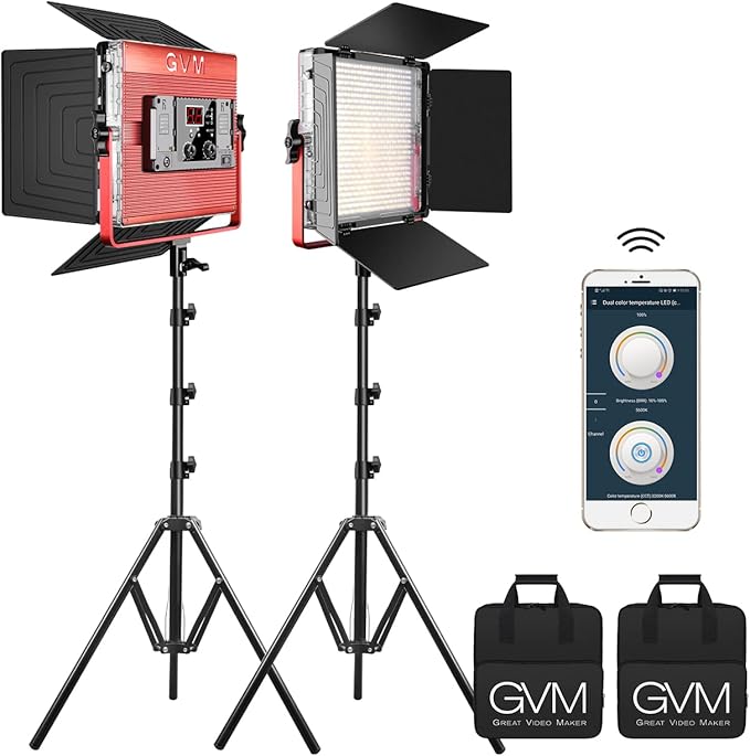 GVM 2 Pack of LED Video Light Kit, 50W Dimmable Bi-Color Photography Lighting, 3200K-5600K, 832Pcs LED Beads, 25000lux/0.5m, Intelligent APP Control