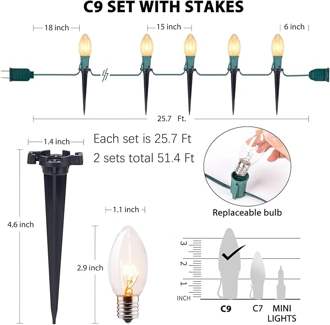 C9 Christmas Lights Outdoor, 2 Packs Total 51.4 Ft 40 Bulbs Christmas Pathway Lights, Waterproof Walkway Lights for Outside Driveway Sidewalk Outdoor Decorations Yard, Clear