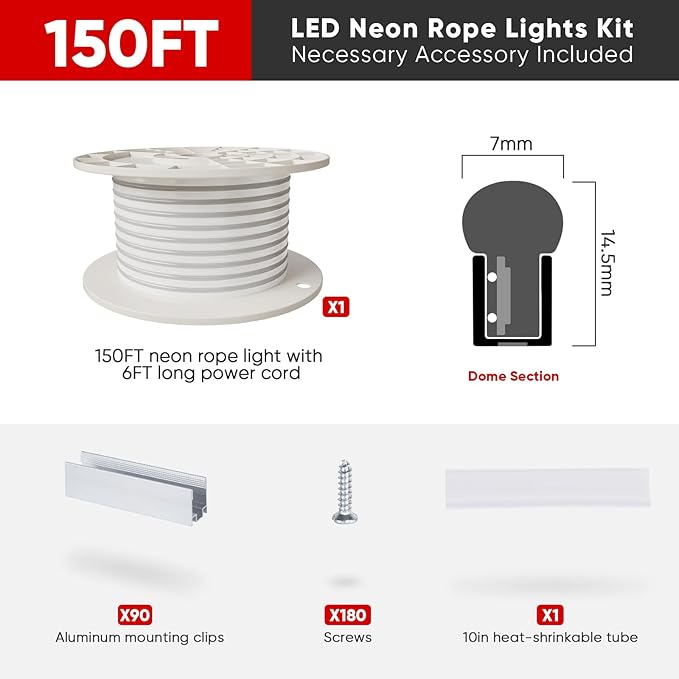 Shine Decor LED Neon Rope Lights AC 120V, ETL-Listed Flexible 120LEDs/M Dotless Strip Lighting, Custom Cuttable & IP65 Waterproof for Indoor Outdoor, 7x14.5mm, 3000K Warm White, 150FT