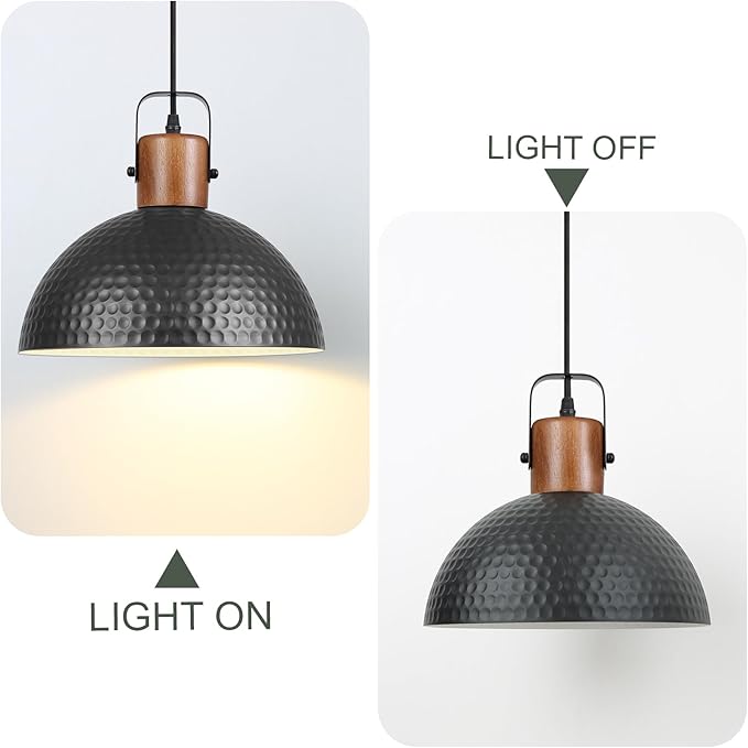 Black Pendant Light, 11.8" Hammered Metal Ceiling Hanging Light Fixture,Solid Wood Dome Pendant Lighting,Modern Industrial Chandelier for Kitchen Island, Dining Table, Restaurant, Farmhouse, Hallway