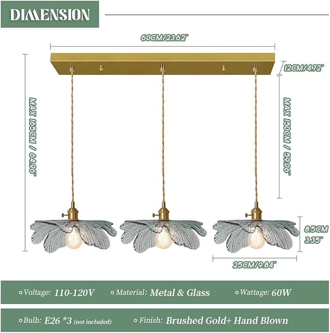 Island Pendant Lights for Kitchen 3 Light Modern Pendant Light Hand Blown Large Glass Chandelier Gold Pendant Light Vintage Chandelier with Dark Green Glass Shade for Dining Room Bedroom