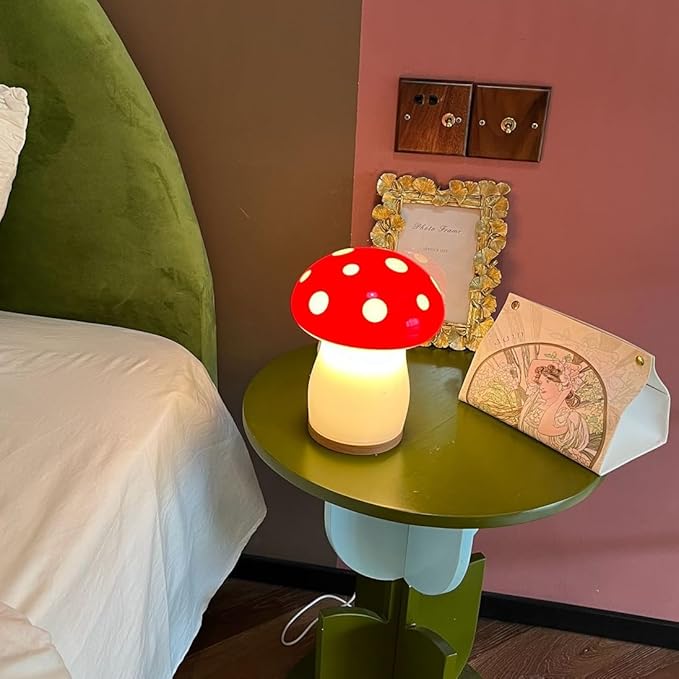 BECCOBEAT Mushroom lamp for Bedroom Night Light Glass Vintage Retro Funky Cute Lamp Small Lamps Bedrooms Bedside Bed Side Table Nightstand Desk Aesthetic Cottagecore 70s Room Decor (RED) (B01)