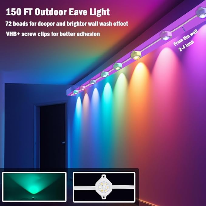 150ft Permanent Outdoor Lights, Smart Color Changing LED Eave Lights with App Control, IP65 Waterproof Wall Wash Lighting for Daily or Holidays, Party, Works with Alexa, Google Assistant