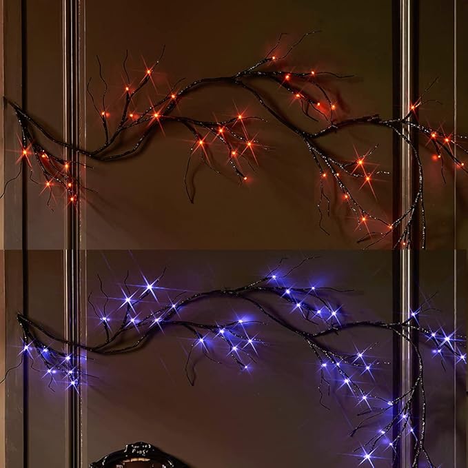 Hairui Lighted Halloween Garland with 48L Orange and Purple Bi-Color LED Lights 8 Functions, Black Glittered Garland Lights Battery Operated 6FT for Indoor Outdoor Halloween Party Decoration