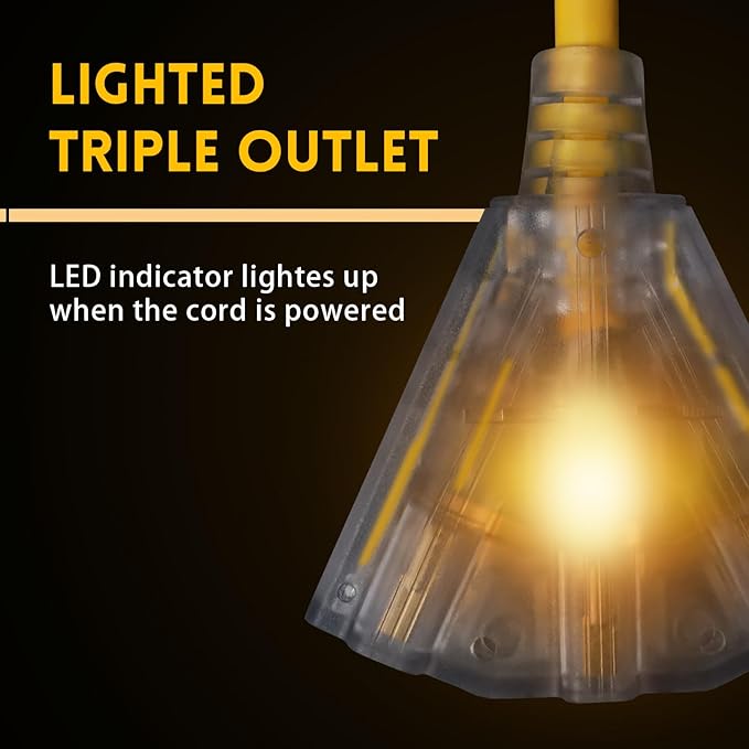 EP 25 Ft Lighted Outdoor Extension Cord with 3 Electrical Power Outlets - 14/3 SJTW Heavy Duty Yellow Extension Cable with 3 Prong Grounded Plug - Power Cord for Lawn, Garden, Appliances