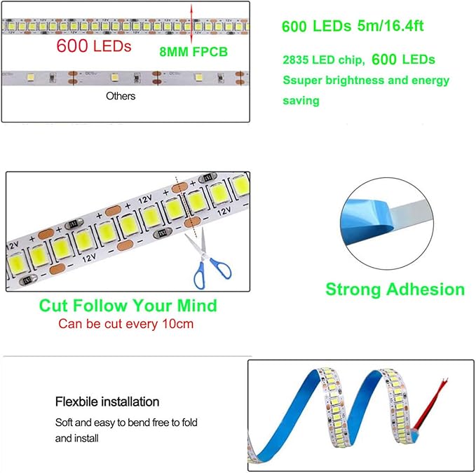 SUYOOULIN LED Strip Lights, 16.4ft/5m SMD 2835 600 LEDs Light Strips, 15000LM Flexible AC 110V Waterproof IP68 LED Ribbon for DIY Christmas Home Indoor Outdoor Decor(Daylight White 6500K)