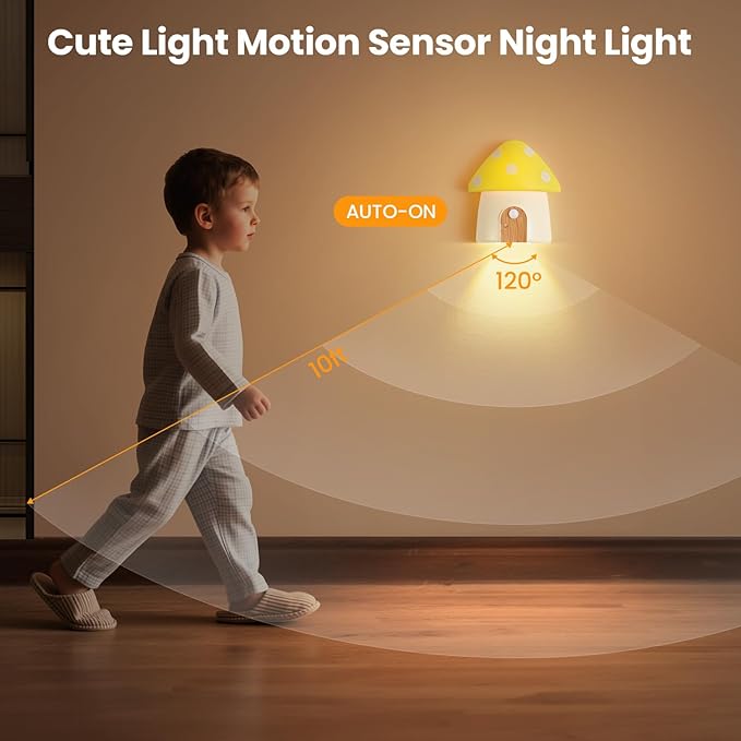 Mushroom Night Light, Cabinet Light Dimmable with 3 Color Temperature 3000/4500/6000K, Smart Motion Sensor Magnetic Rechargeable Nightlight for Kid Room, Gift Decoration, Yellow