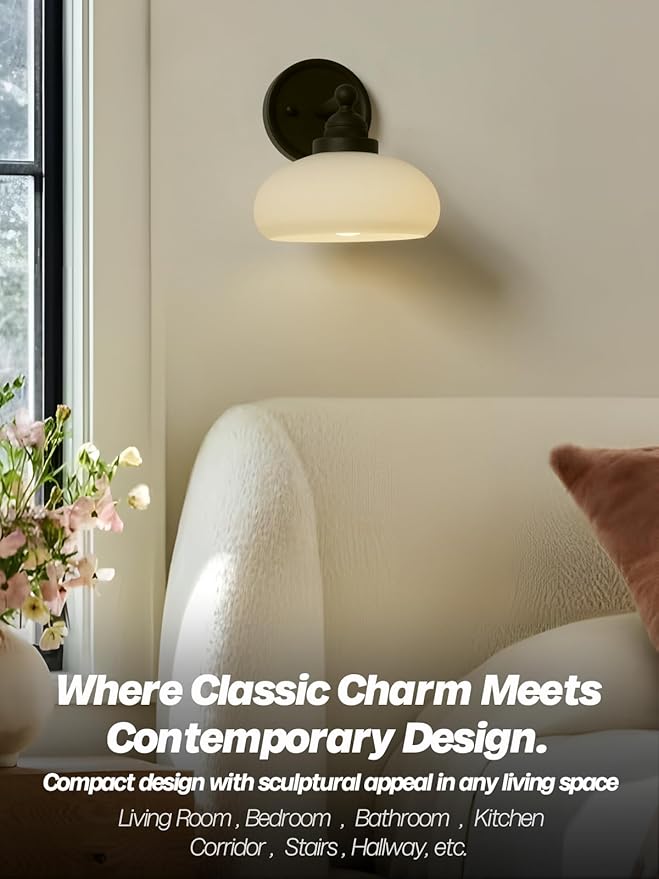 HEQIQEH Remote Wall Sconce with Milky Oval Glass Shade, Matte Black Vintage Wall Light Fixture with Timer, 15 Color Rechargeable LED Bulb, No Hardwiring Required for Indoor Wall Mount Light