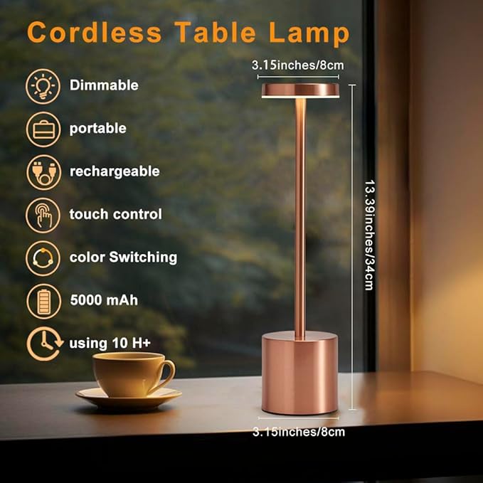 2 Pack LED Rechargeable Cordless Table Lamps,Portable Outdoor 5000 mAh Battery Operated Table Light Touch Control 3 Color Dimmable Lamp for Patio/Cofee/Restaurant/Camping/Dining/Bedroom-Rose Gold