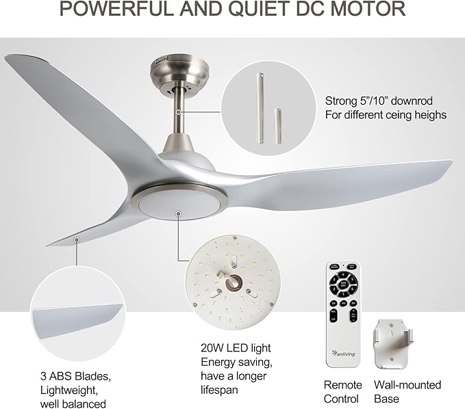 52 Inch Quiet DC Motor Ceiling Fan with Light Remote Control, Indoor 3 Blade Silver Modern Ceiling Fan for Bedroom Living Room Porch