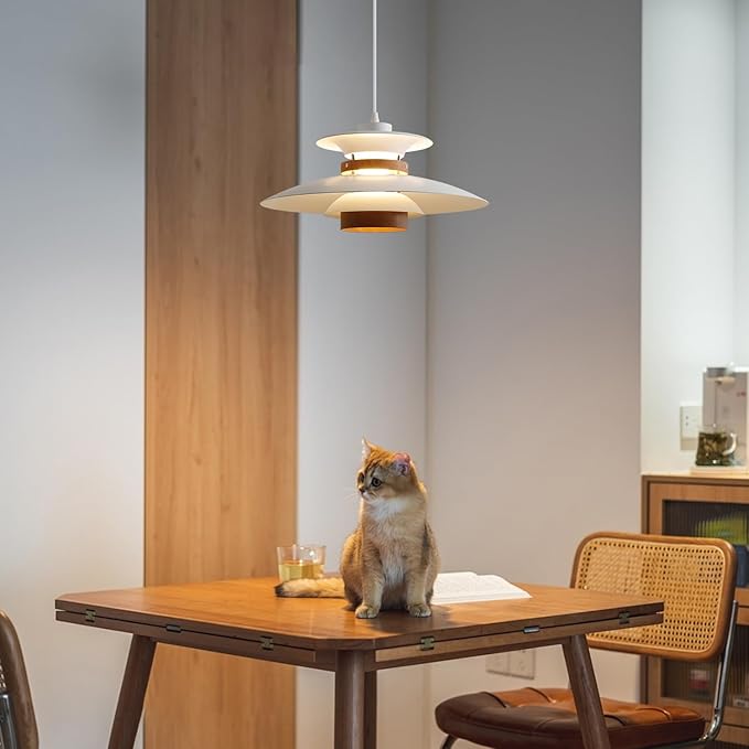 Modern Decor Adjustable Pendant Lamp Kitchen Island, Aluminum and Wood Finish,1-Light E26 Base Ceiling Hanging Light for Dining Room Shop Restaurant (White+Dark Wood Grain, 35cm)