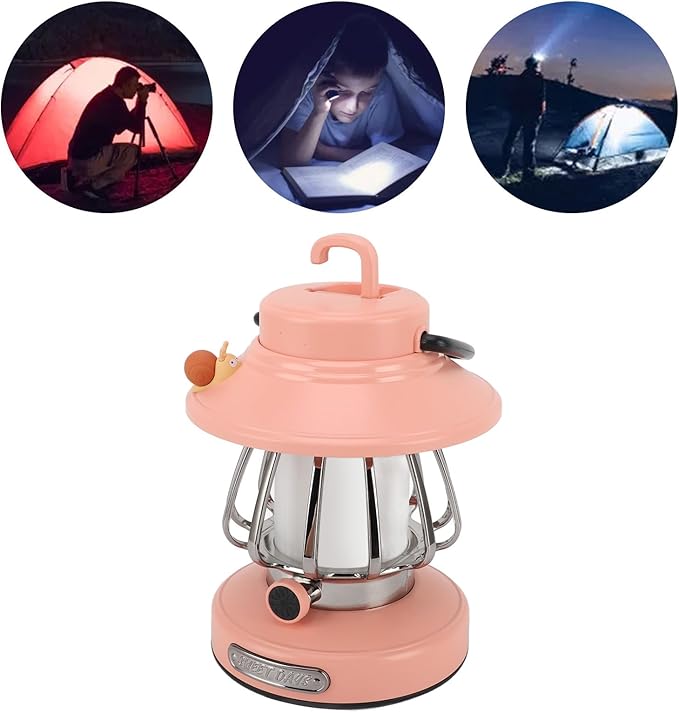 Vintage Lantern Decorative,Hanging Lantern Decor,Camping Lantern Portable Tent Light Emergency Light,Retro Rechargeable Camping Lantern,Infinite Dimming 3 Level Color Temperature (Pink)
