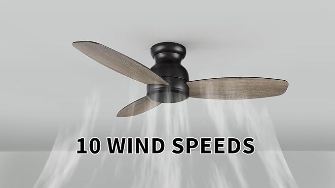 CEME 48 Inch Flush Mount Ceiling Fan without Lights, Black Ceiling Fan with Remote Low Profile, 10-Speed Reversible DC Motor, 3 Dual Finish Blades, Indoor for Bedroom
