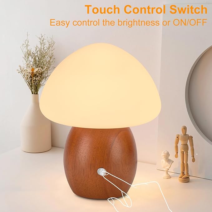 Mushroom Lamp with Touch Control Switch, Small Wooden Table Lamp with Glass Shade, 3 Way Dimmable Nightstand Lamp for Bedroom, G9 LED Bulb Included (Brown Color&Opal White Glass Shade)