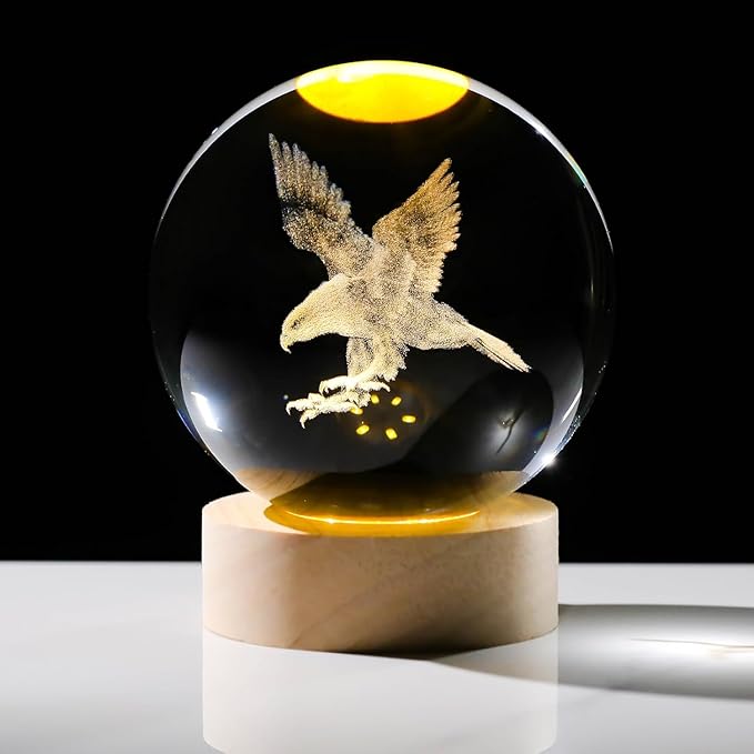 3D Laser Etched Eagle Crystal Ball, Eagle Statue Decor Crystal Sphere Lamp Night Light, Glass Animal Figurines Collectibles Gifts for Women Kids