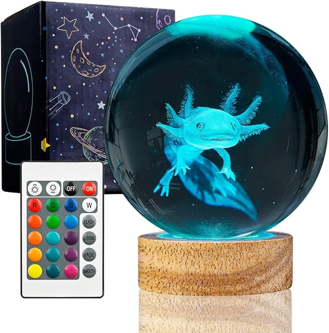 3D Axolotl Crystal Ball Night Light with Woodern Base,16 Colors with Remote Control Cool Desk Decor Gifts for Kids Friends (Axolotl-b)