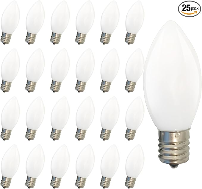 25 Pack Christmas Light Bulbs, C7 Ceramic White Replacement Bulbs, C7 Outdoor String Lights Replacement Bulbs, C7/E12 Candelabra Base, 5 Watt