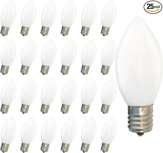 25 Pack Christmas Light Bulbs, C7 Ceramic White Replacement Bulbs, C7 Outdoor String Lights Replacement Bulbs, C7/E12 Candelabra Base, 5 Watt