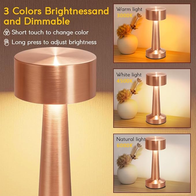 Portable LED Table Lamp, 3-Levels Brightness Metal Desk Lamp,3 Color Touch Control Rechargeable Lamp, Ideal Bedside Lamp for Nightstand,Bedroom, Living Room (Rose Gold)