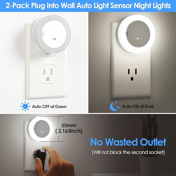 FOLKSMATE LED Night Light, Dimmable Plug-in Dusk to Dawn Light Sensor Nightlight for Bathroom, Bedroom, Adults & Kids Room, Kitchen, Stairway, Nursery, Daylight White, 2- Pack