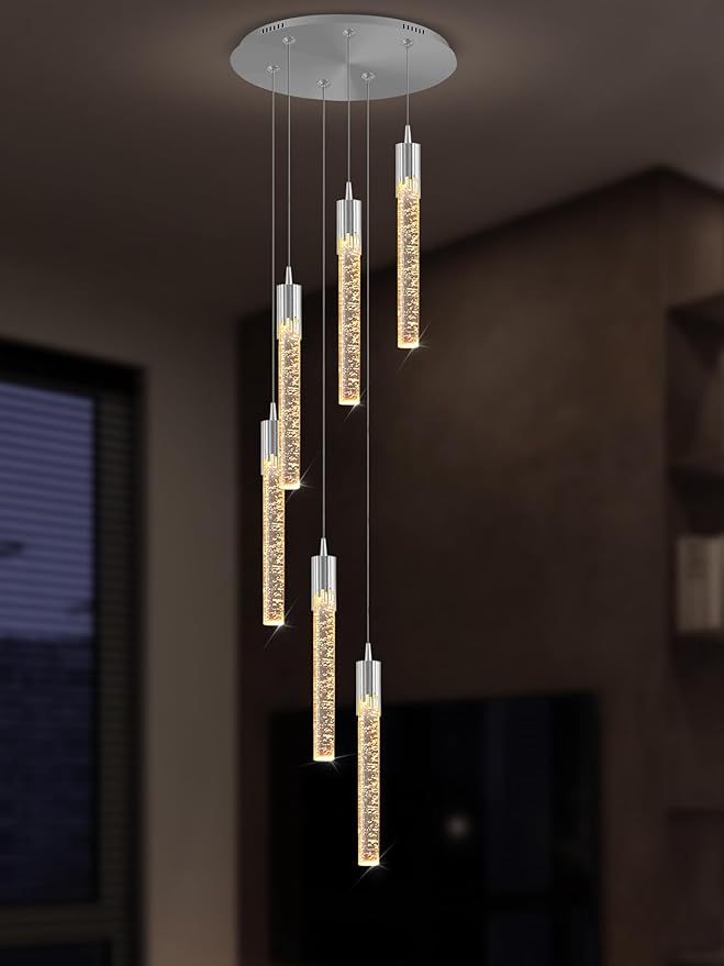 Flashing God Pendant Lights Kitchen Island 6-Lights Pendant Chandelier for Dining Room Hallway Stairwell,Modern Chrome Crystal Ceiling Light LED Dimmable 2700K-6000K