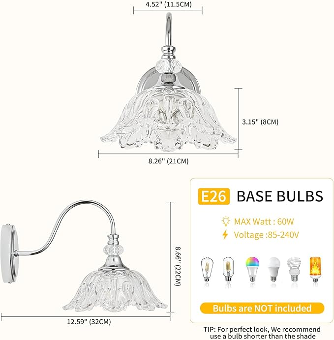 1 Piece Chrome Wall Sconce with Floral Clear Glass Shade, Modern Wall Mount Lighting for Bathroom,Modern Bathroom Vanity Light Fixture