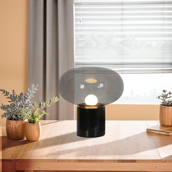 Meefad Glass Table Lamp, Mushroom Shape Bedside Lamp with Marble Base, Small Night Light for Bedroom Office Nightstand Smoke Gray Finish