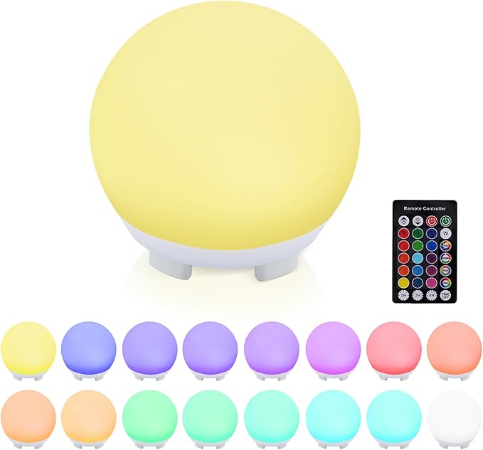 16-Color USB Rechargeable LED Ball Night Light with Remote, 4 Modes & 8 Brightness, 4.7 Inch Compact Mood Light for Bedroom, Parties, Holidays Shower,Party,Christmas Decor