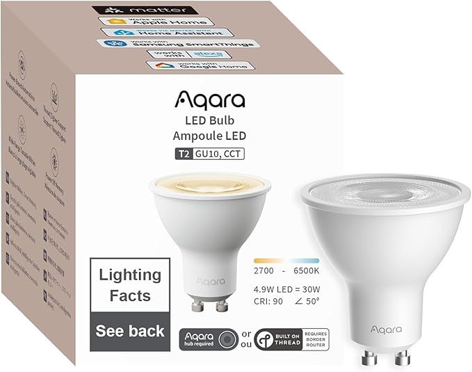 Aqara Thread/Zigbee Smart LED Light Bulb T2 GU10, Tunable White (2700K-6500K),Matter,Works with HomeKit, Alexa, Google