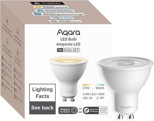 Aqara Thread/Zigbee Smart LED Light Bulb T2 GU10, Tunable White (2700K-6500K),Matter,Works with HomeKit, Alexa, Google
