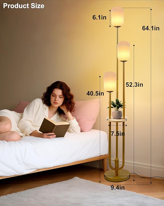 Lightdot Gold Dimmable Floor Lamp with Shelf, Modern Floor Lamps with Oval Striped Lampshade 3000K Bulb Included 3-Lights Candle Holder Style Tall Lamp for Living Room/Bedroom/Sofa Beside/Corner Decor