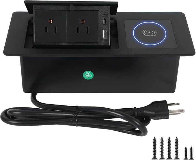 Table Pop Up Outlet Automatic Pop Up Strip Center Countertop Recessed Power Strip with 15W Wireless Charger + USB A + USB C + 2AC 5.9Ft Cord for Conference Desk Office Kitchen (Black-Wireless)
