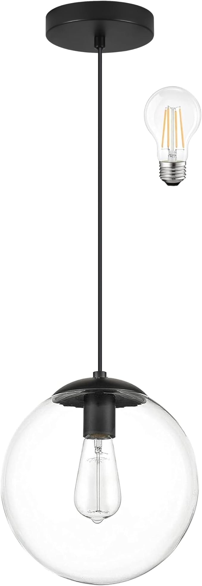 KoKo&Yukina 8 inch Globe Pendant Lighting for Kitchen Island Mid Century Modern Hanging Light Fixture with Clear Globe Glass Black Industrial Hanging Ceiling Lights for Bathroom Entryway (Bulb Incl.)