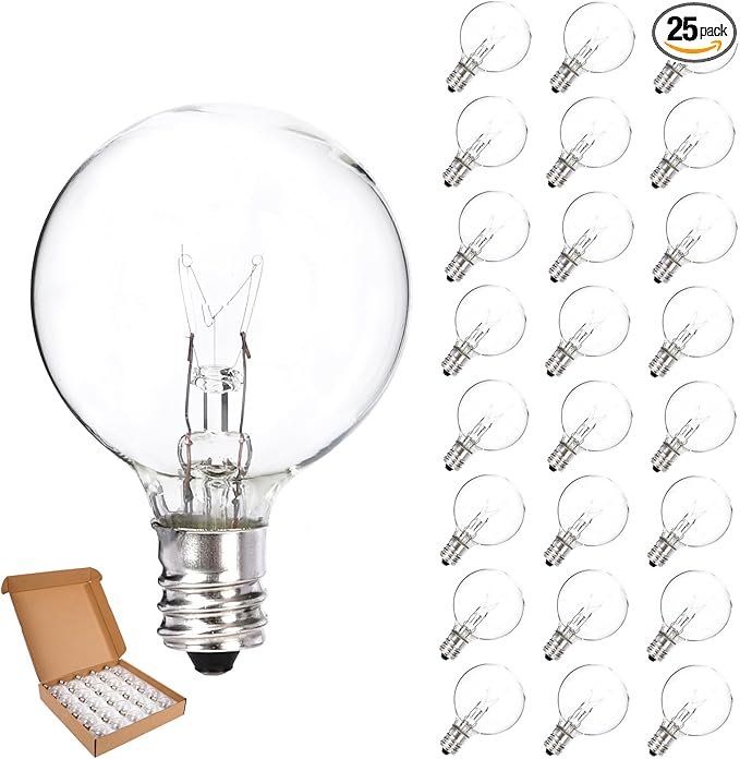 25 Pack Outdoor String Light Bulbs G40 Christmas Replacement Bulbs 120V Clear Globe 5W Bulbs Dimmable with E12 Base for Indoor Patio Decor