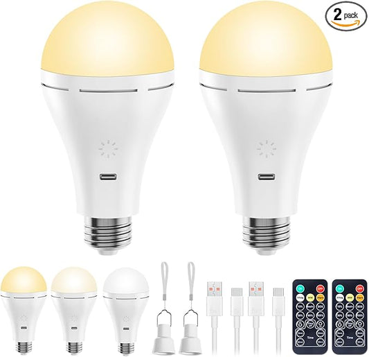 Brightown E26 Rechargeable Light Bulb with Remote and Timer, Battery Backup Bulb for Sconces and Lamps, Hanging LED Light Bulb with Hook for Camping Tent, Dimmable, 3 Color Temperatures, 2 Pack