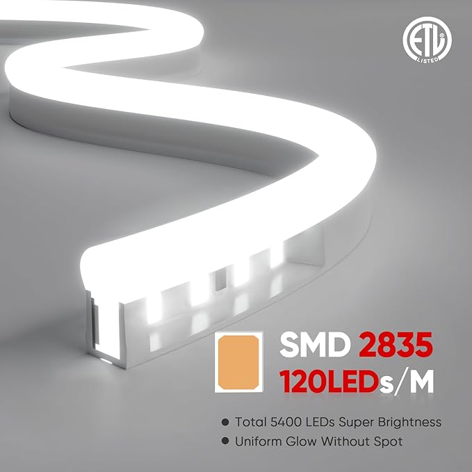 Shine Decor LED Neon Rope Lights AC 120V, ETL-Listed Flexible 120LEDs/M Dotless Strip Lighting, Custom Cuttable & IP65 Waterproof for Indoor Outdoor, 7x14.5mm, 6500K Cool White, 150FT