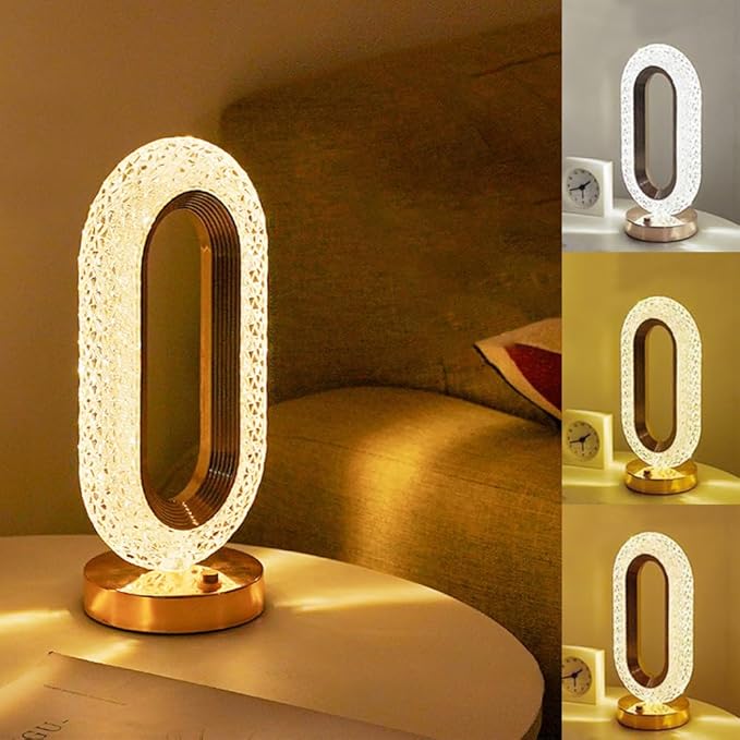 Crystal Bedside Lamp, 3-Color & Dimmable LED Desk Lamp with USB-C Rechargeable Battery, Touch Control Modern Night Light for Bedroom, Office, Living Room Decor (3000K 4500K 6000K)