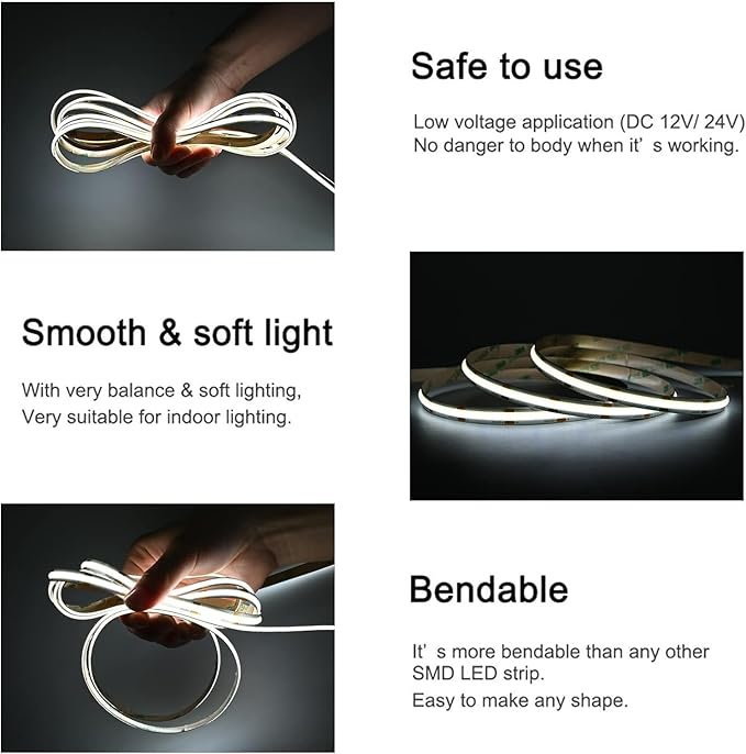 COB LED Strip Lights DC 24V LED Lights Flexible Super Bright LED Strips,16.4ft 6500K White,CRI 90+,2400LEDs High Density Uniform Light for Bedroom Home Decor (No Adapter or Controller)
