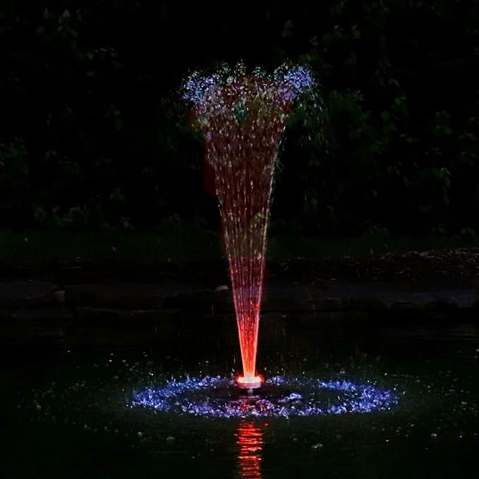 Custom Pro Floating Water Fountain with 48 Color Changing LED Lights, 600 GPH Pond Pump, 33 Foot Power Cords & More - Easy Installation