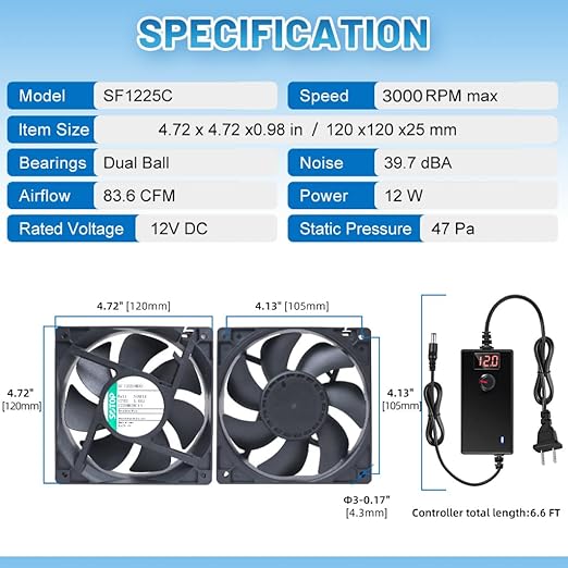 IP68 120mm Waterproof Fan with LED Voltage Display Speed Controller, 110V AC 120mm x 25mm, for DIY Cooling Ventilation Exhaust Projects