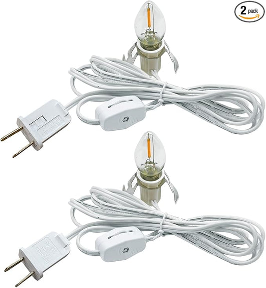 Accessory Cord with LED Night Lights - White Cord with On/Off Switch, Warm White C7 Bulbs and Spare Fuse for Holiday and Home Decoration