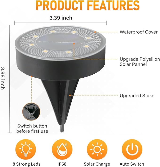Ground Lights 8 Pack, IP68 Waterproof Solar Disc Lights for Outdoor, Flat Garden Light, In-Ground Light, Landscape Lighting for Pathway, Walkway, and Yard-8 Pcs (Blue)