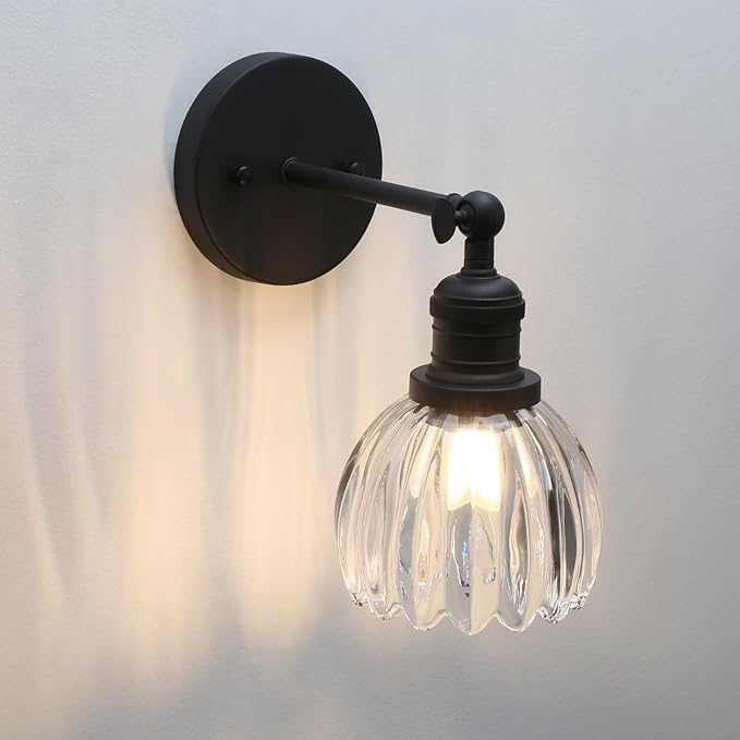Pathson Adjustable Wall Sconce Lamp with Tulip Thick Glass, Hardwired Bathroom Sconce Matte Black Wall Vanity Light Fixture for Living Room Farmhouse Bedside Lighting