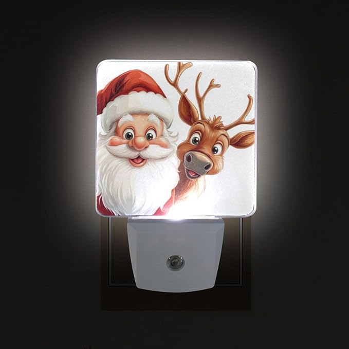 Christmas Night Light Cartoon Santa and Reindeer 2 Pack Dusk to Dawn Sensor Led Lamp for Women Men Night Lights Plug into Wall Decor for Bedroom Kitchen Bathroom Corridor, 0.5W