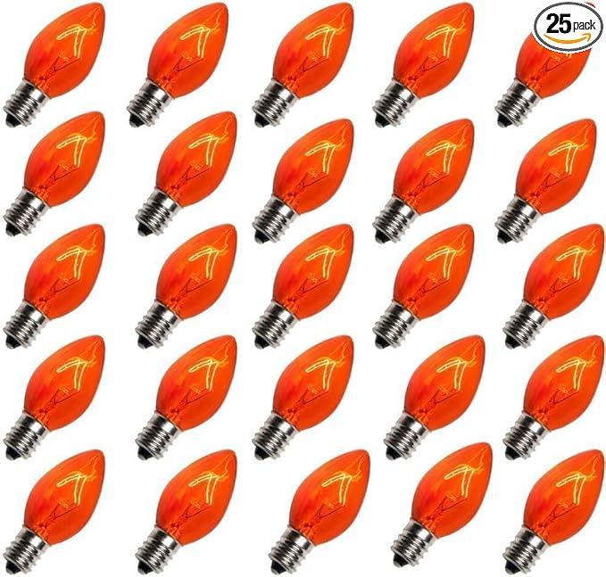 GOOTHY 25 Pack C7 Orange Halloween Light Bulbs, C7 Clear Orange Replacement Light Bulbs E12 Candelabra Base Bulbs for Halloween Christmas Outdoor String Lights Candles, Night Lights Bulbs 5W 120V